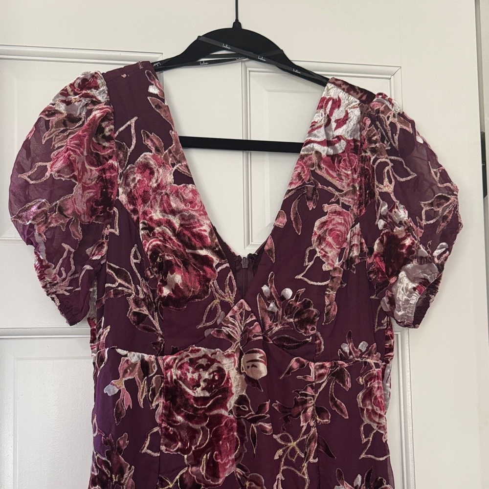 Lulu's Plum Floral Velvet Burnout Midi Dress